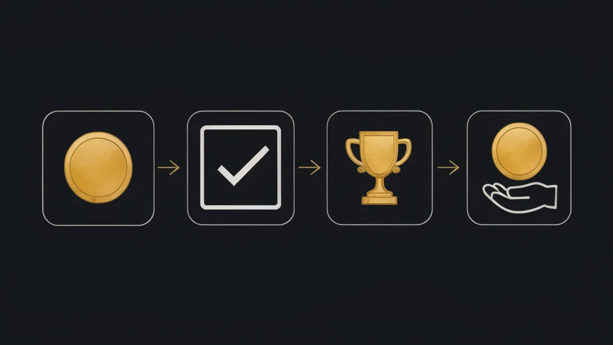Four-step flow with arrows: a coin, a checkmark, a trophy, and the coin returned above an open hand