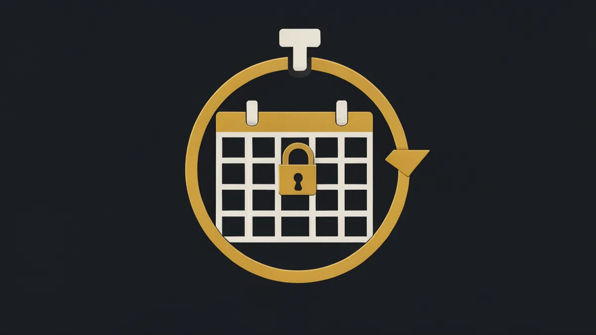 A stopwatch ring circling a calendar grid with a small padlock at its centre