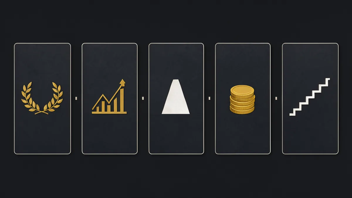 Five concept cards in a row, each with one icon: laurel wreath, rising chart, beam of light, coin stack and staircase