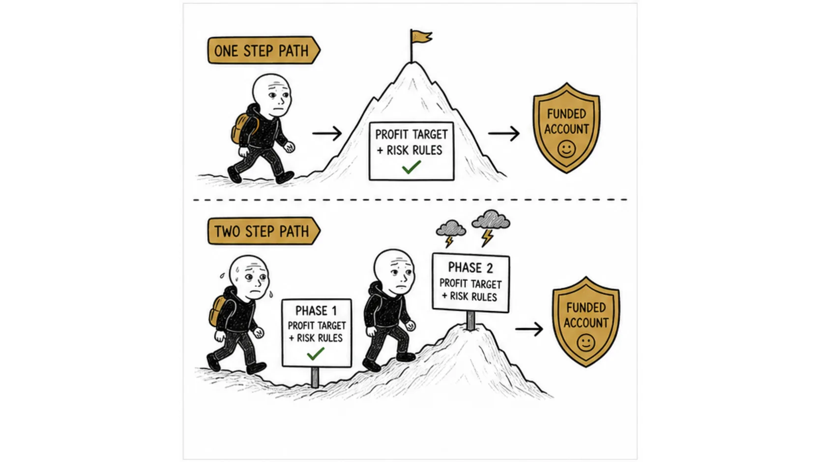 How One Step and Two Step Challenges Work meme explaining one step vs two step prop firm challenges
