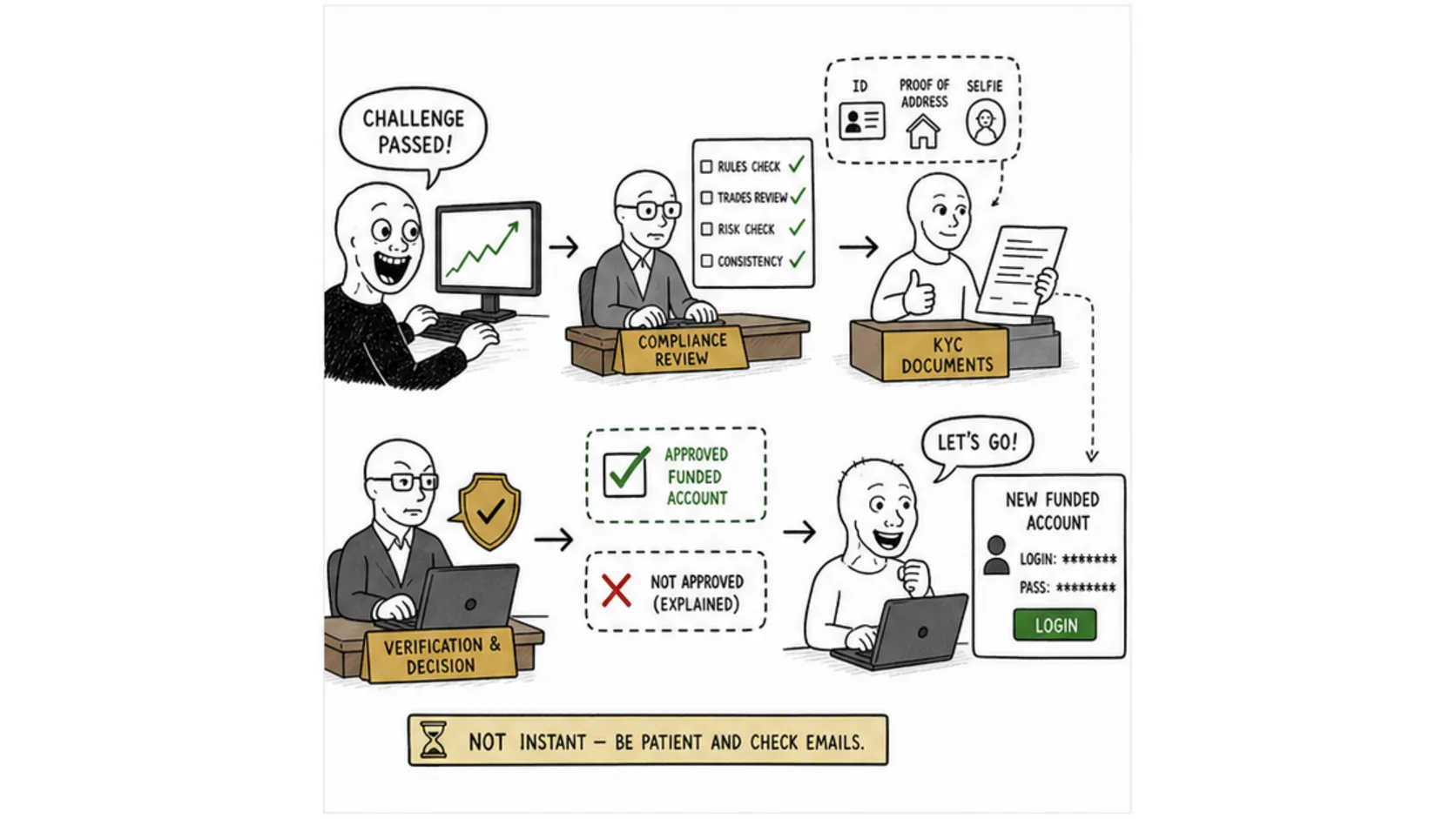 What Happens After You Pass a Prop Firm Challenge? meme explaining what happens after passing a prop firm challenge