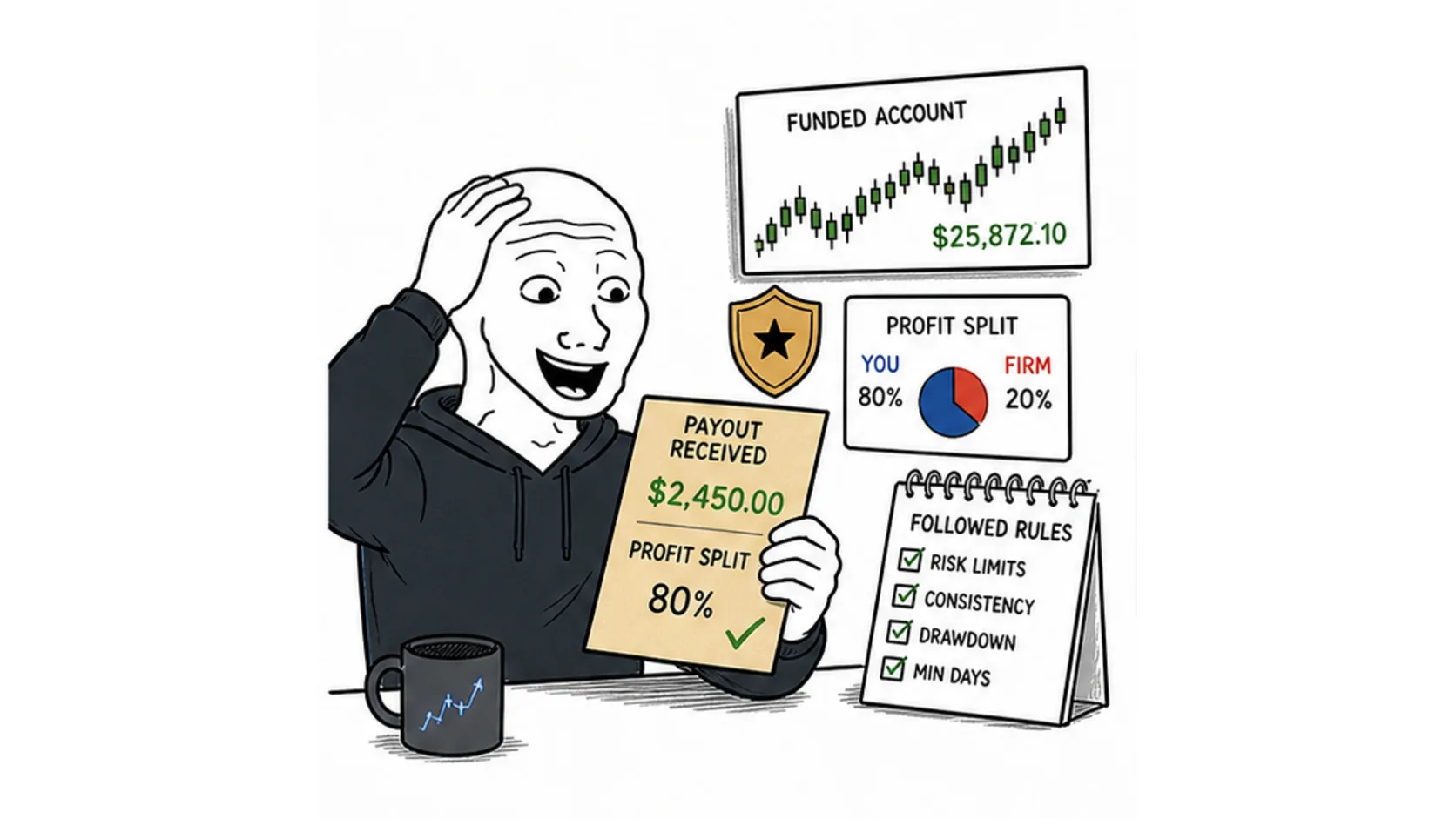 What your first prop firm payout means meme showing payout approval profit split and rule compliance