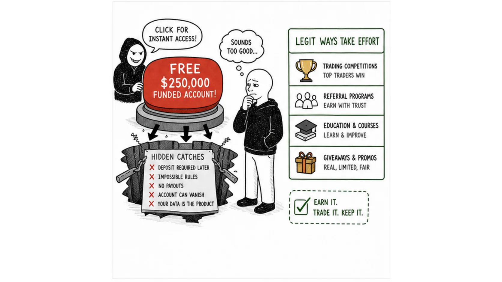 The Truth About Free Funded Accounts meme explaining free funded trading accounts
