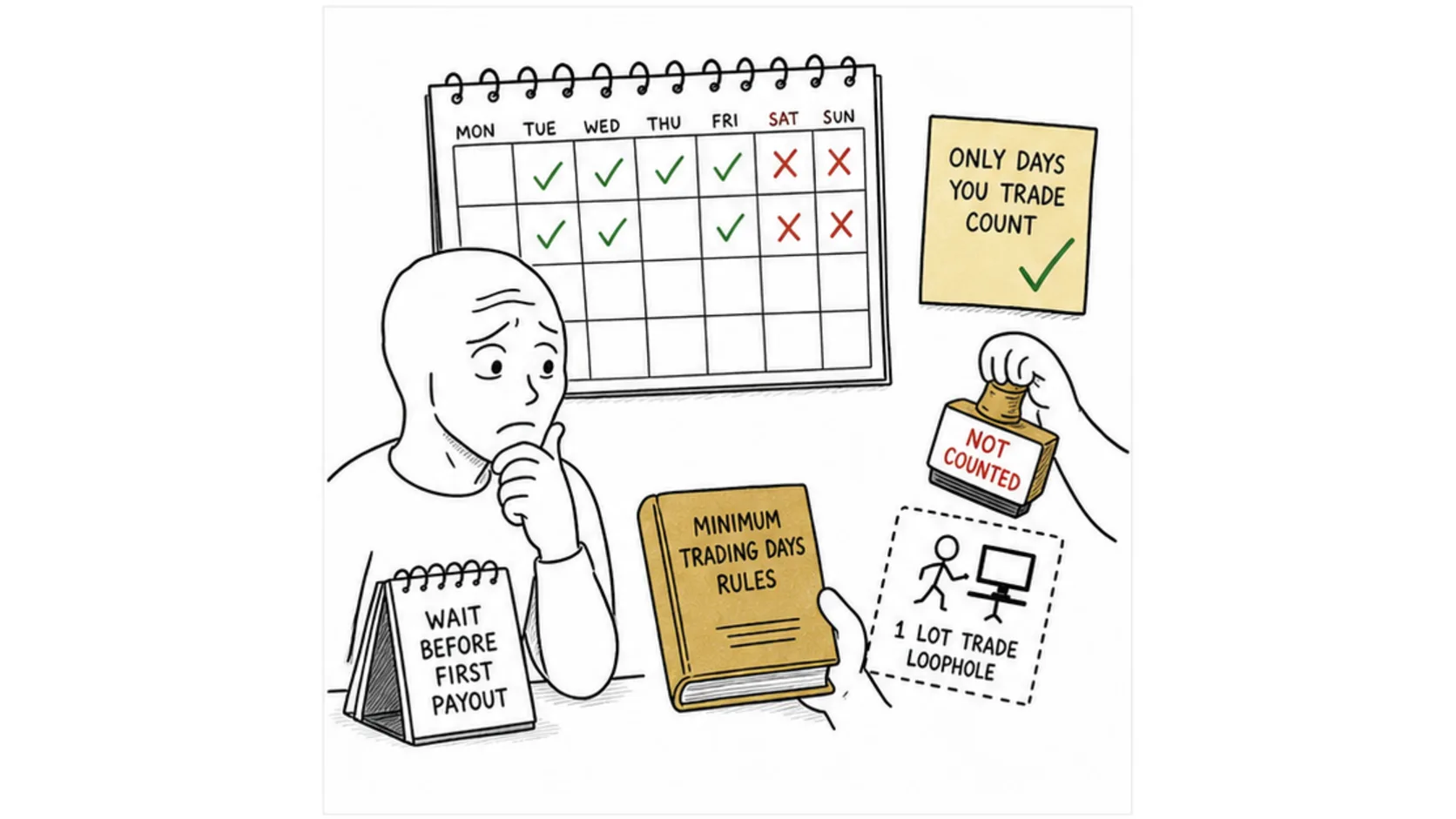 Minimum Trading Days and Waiting Periods meme explaining prop firm payout rules