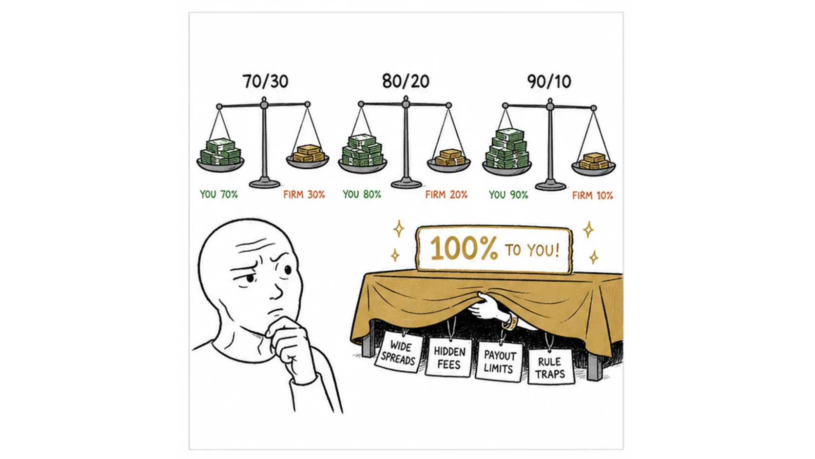 Profit Splits Explained meme explaining prop firm payout rules