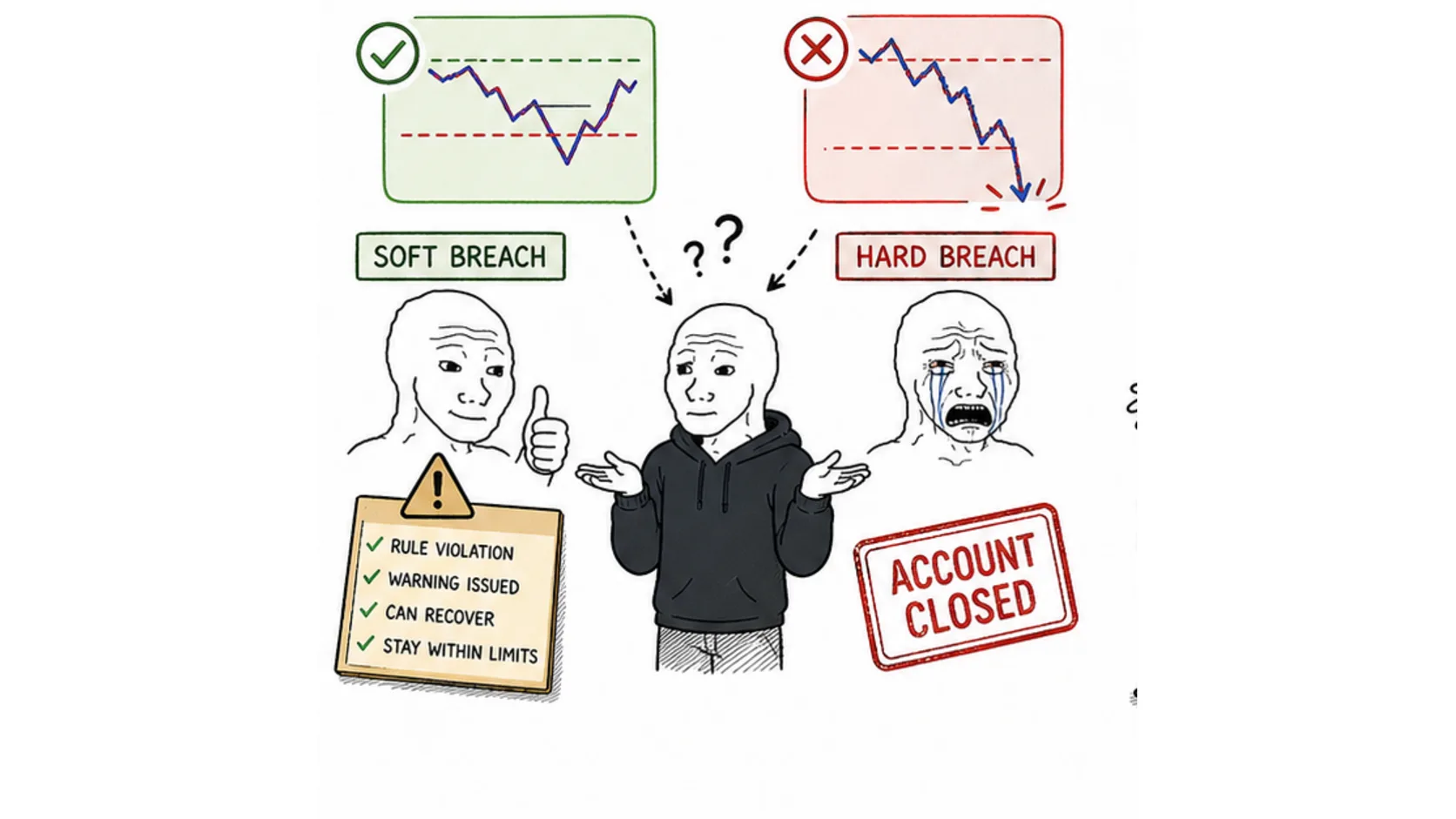 Soft breach vs hard breach meme explaining recoverable warnings compared with account closure