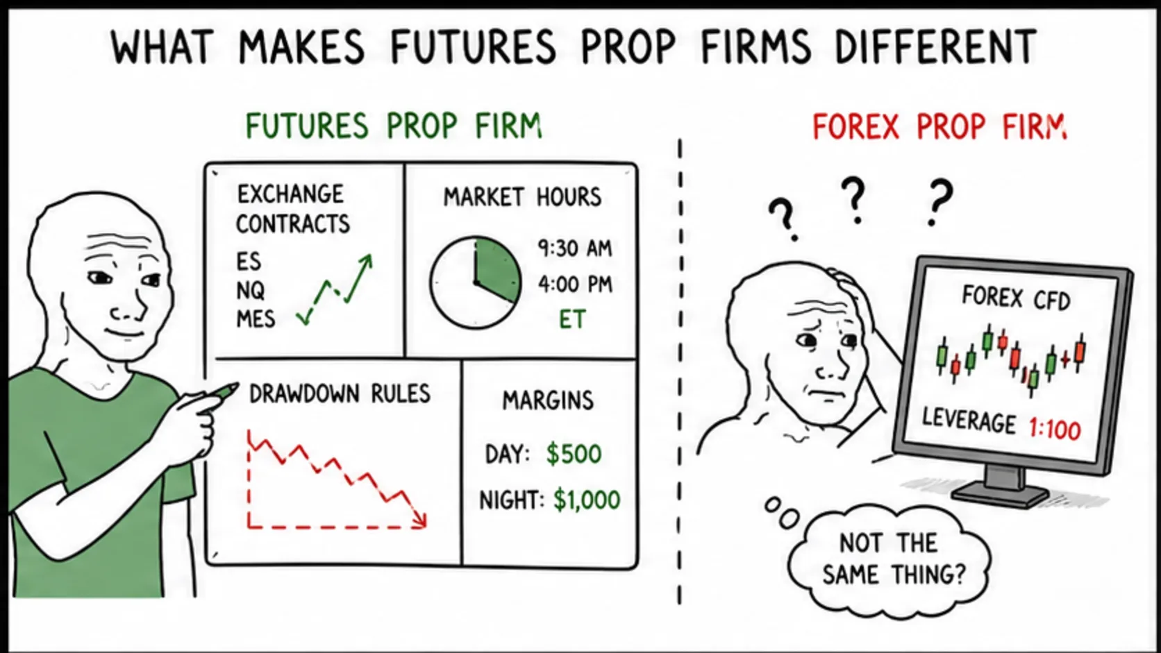 What Makes Futures Prop Firms Different meme explaining prop firm legitimacy, scams, and safety