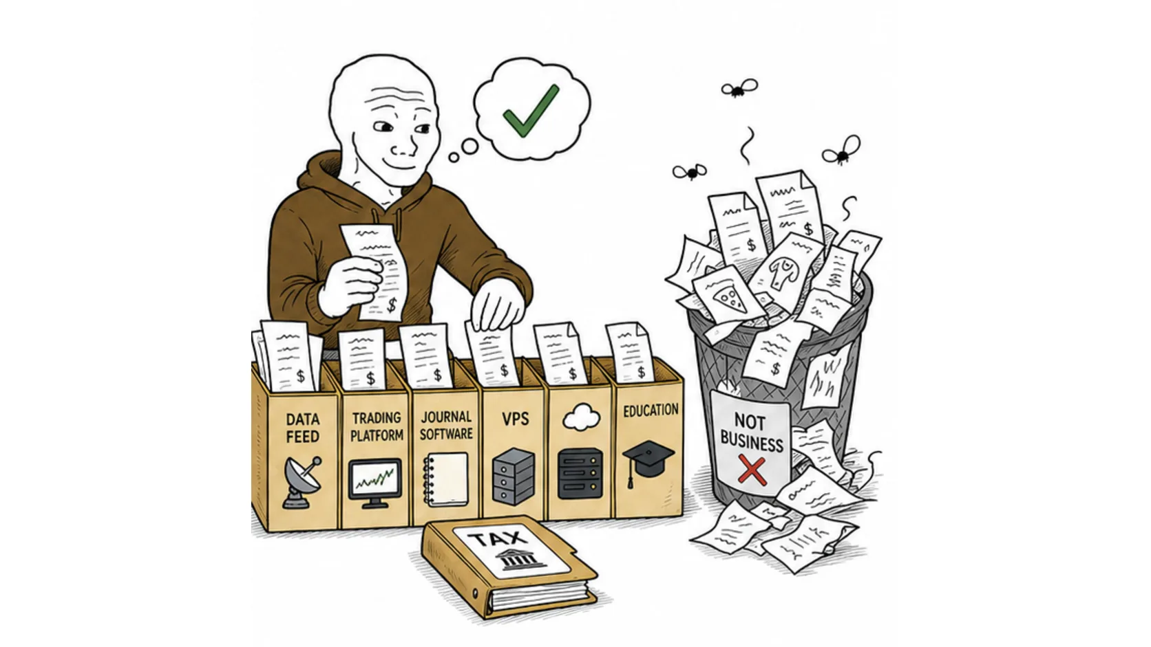 Data feeds software and deductible prop trading expenses meme showing organized receipts for trading tools and tax records