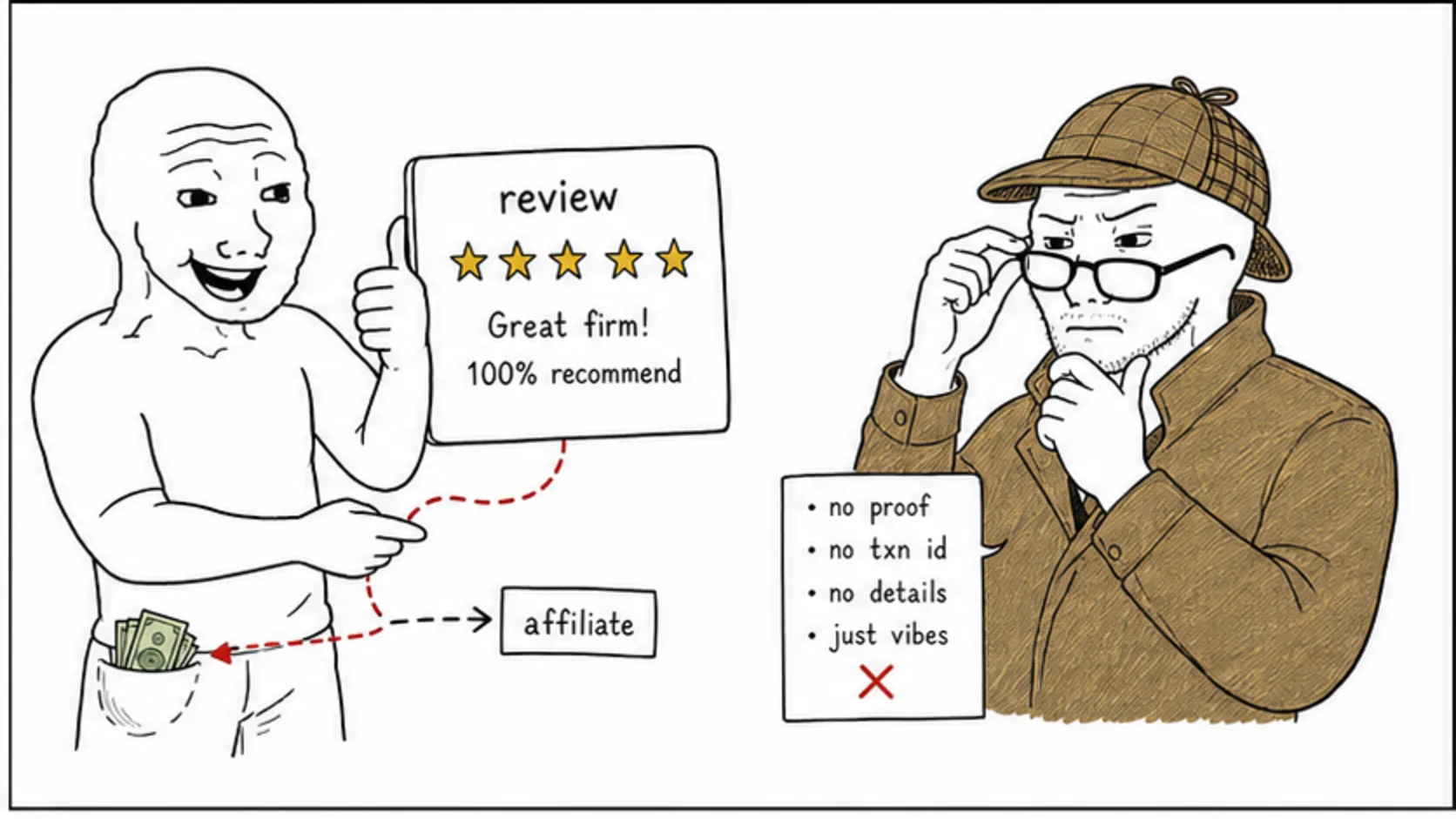 The Affiliate Review Problem meme explaining prop firm legitimacy checks, terms, reviews, and payout proof