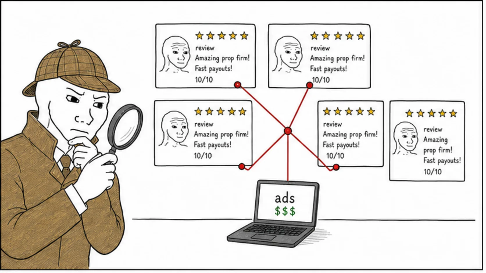 Why Most Prop Firm Reviews Are Not Trustworthy meme explaining prop firm legitimacy checks, terms, reviews, and payout proof