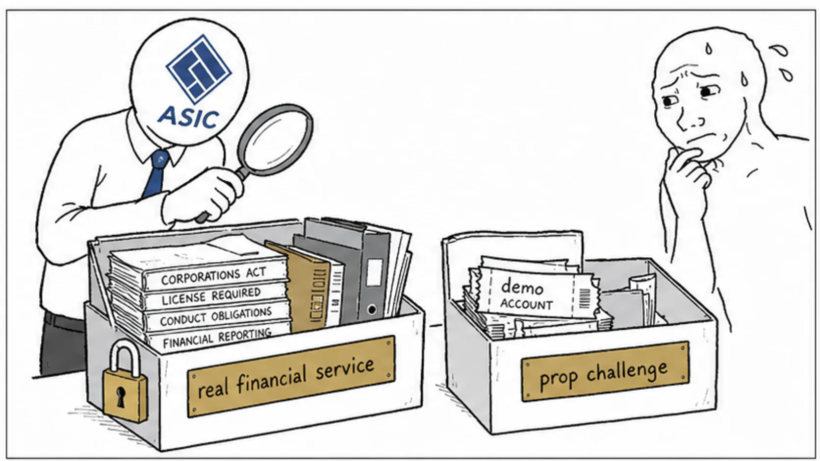 How ASIC Views Prop Firms meme explaining prop firm regulation and legal status
