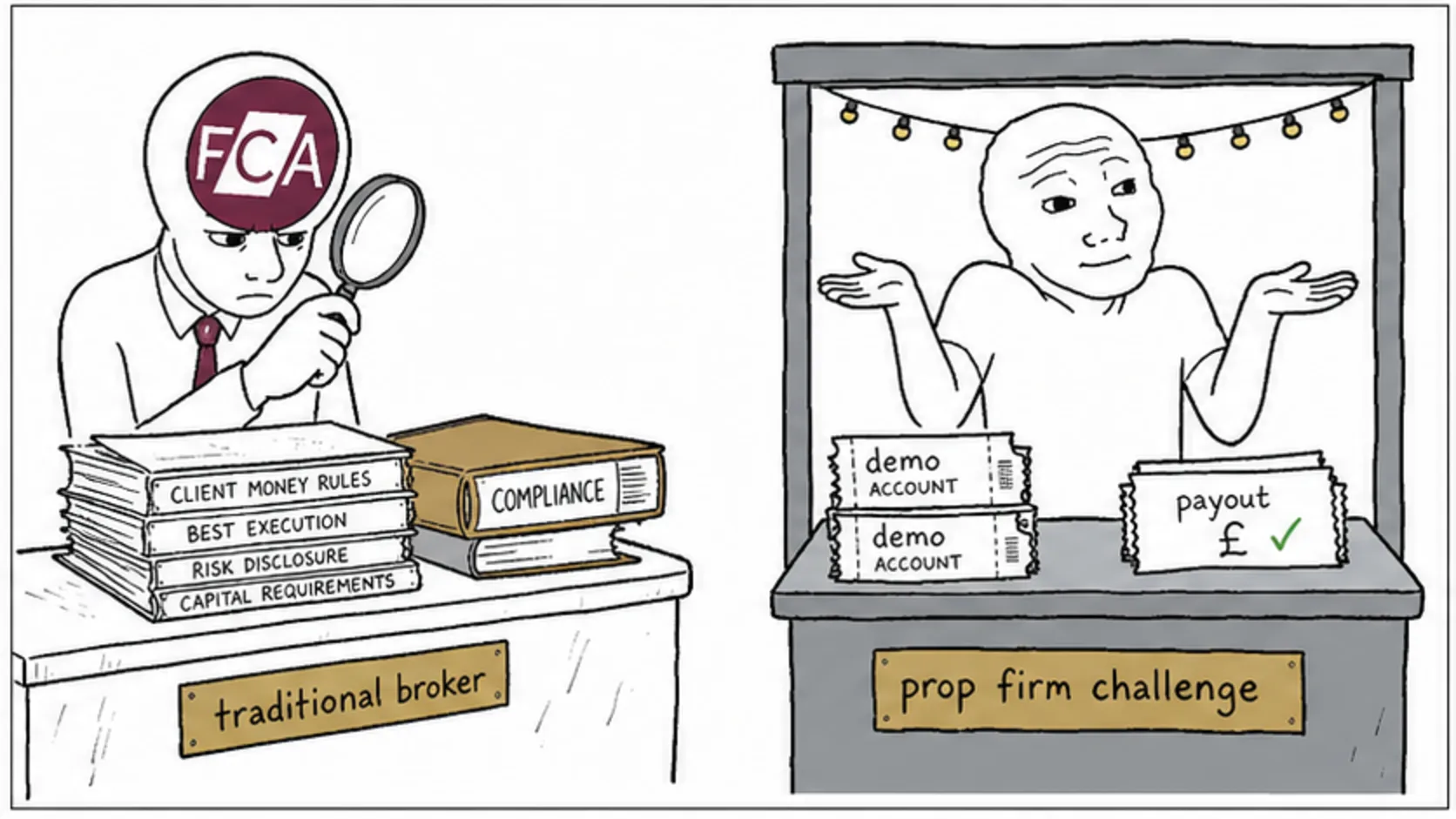 The FCA Position on Prop Firms meme explaining prop firm regulation and legal status