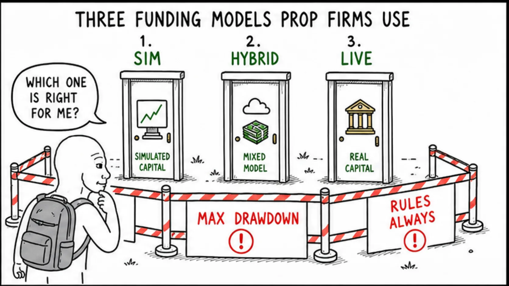 The Three Funding Models Prop Firms Use meme explaining prop firm account rules and trader decisions