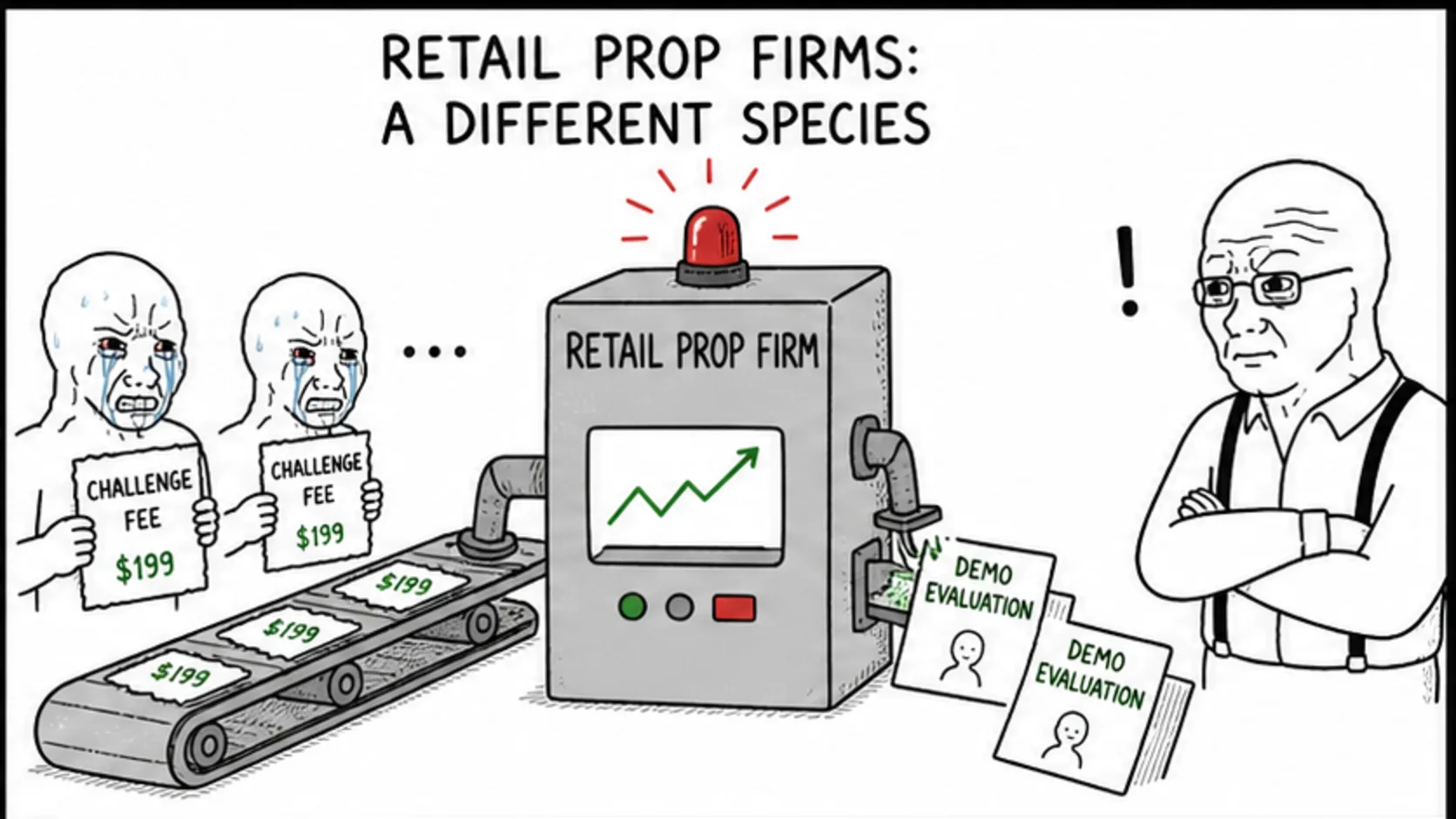 Retail Prop Firms: A Completely Different Species meme explaining prop firm account rules and trader decisions
