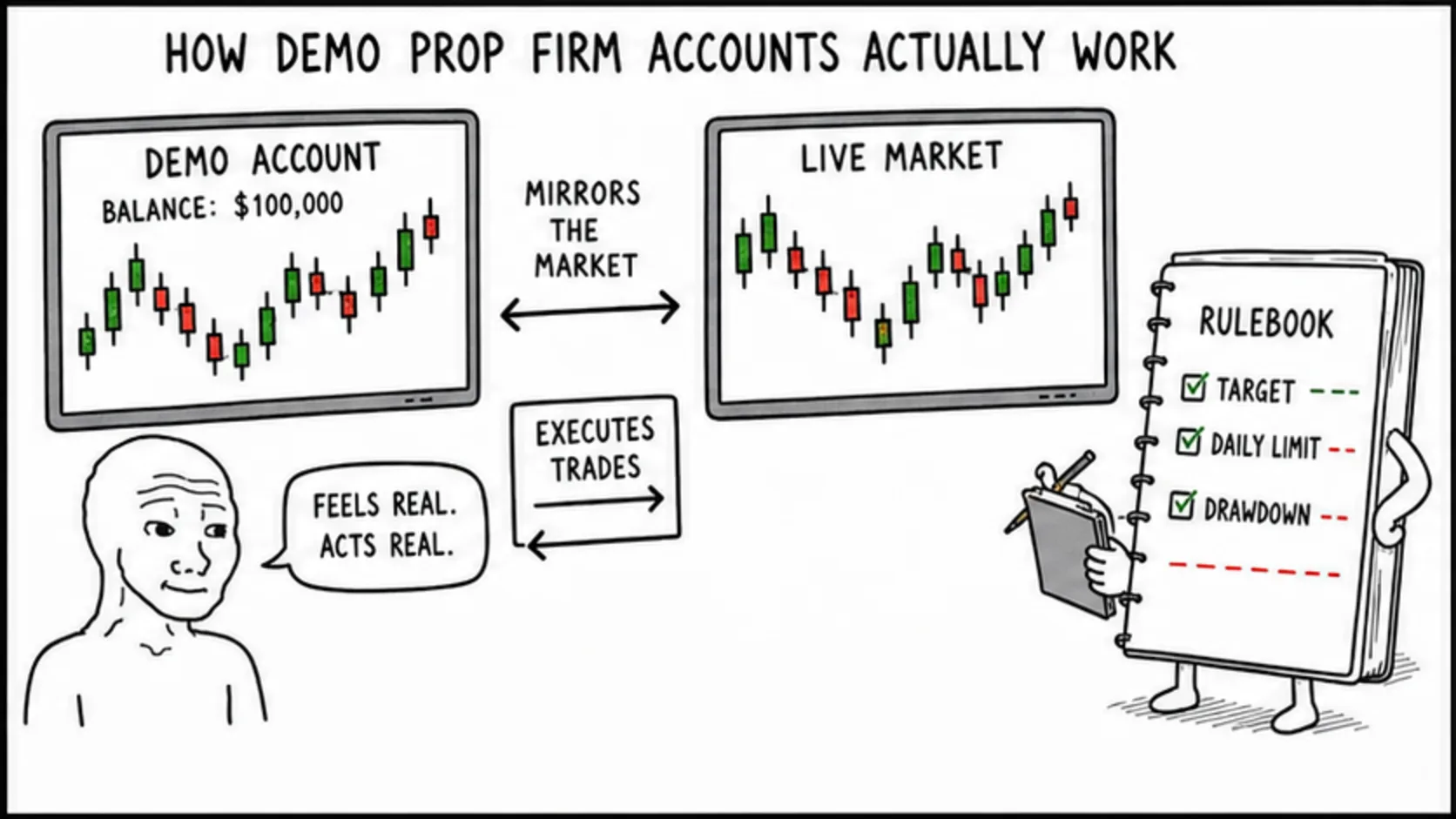 How Demo Prop Firm Accounts Actually Work meme explaining prop firm account rules and trader decisions