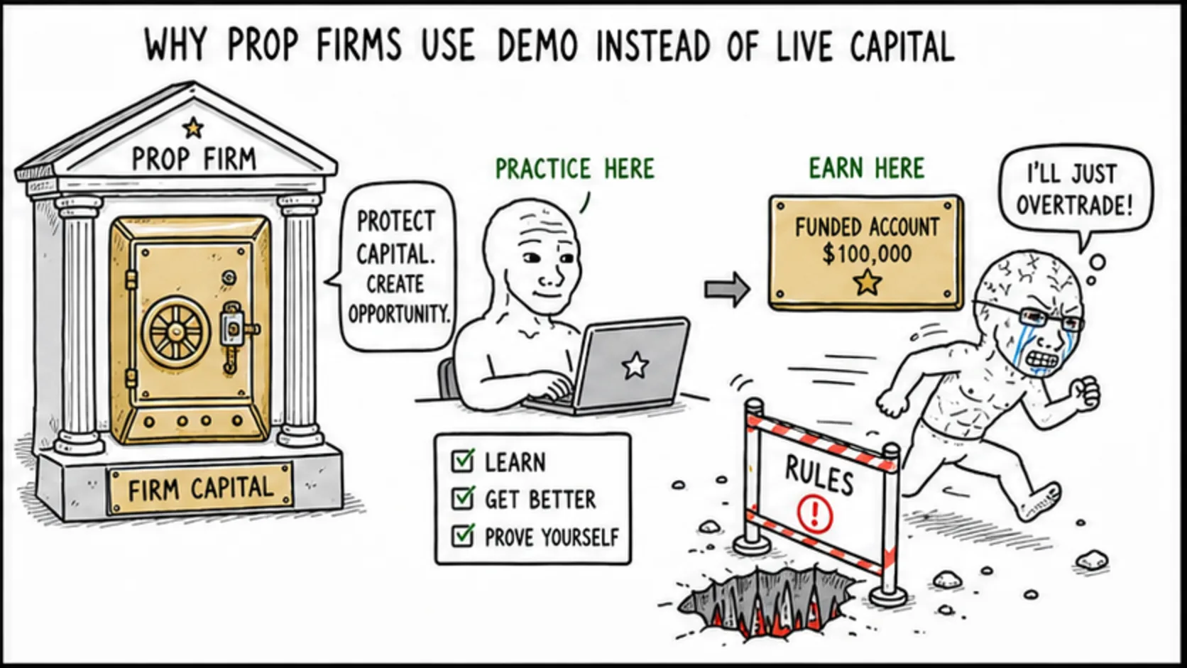 Why Prop Firms Use Demo Instead of Live Capital meme explaining prop firm account rules and trader decisions