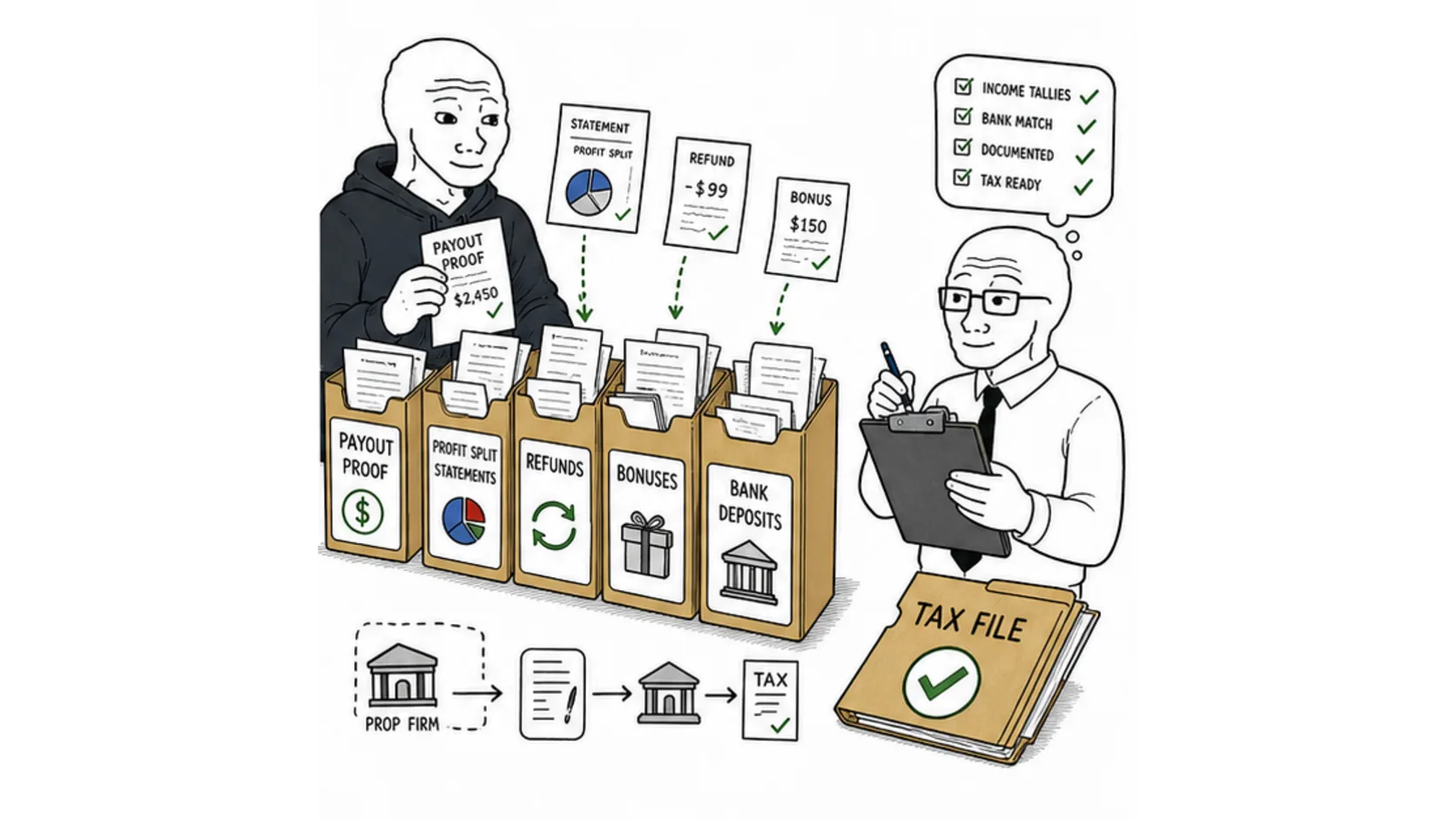 What income to track from prop firms meme showing payouts profit split statements refunds bonuses and bank deposits