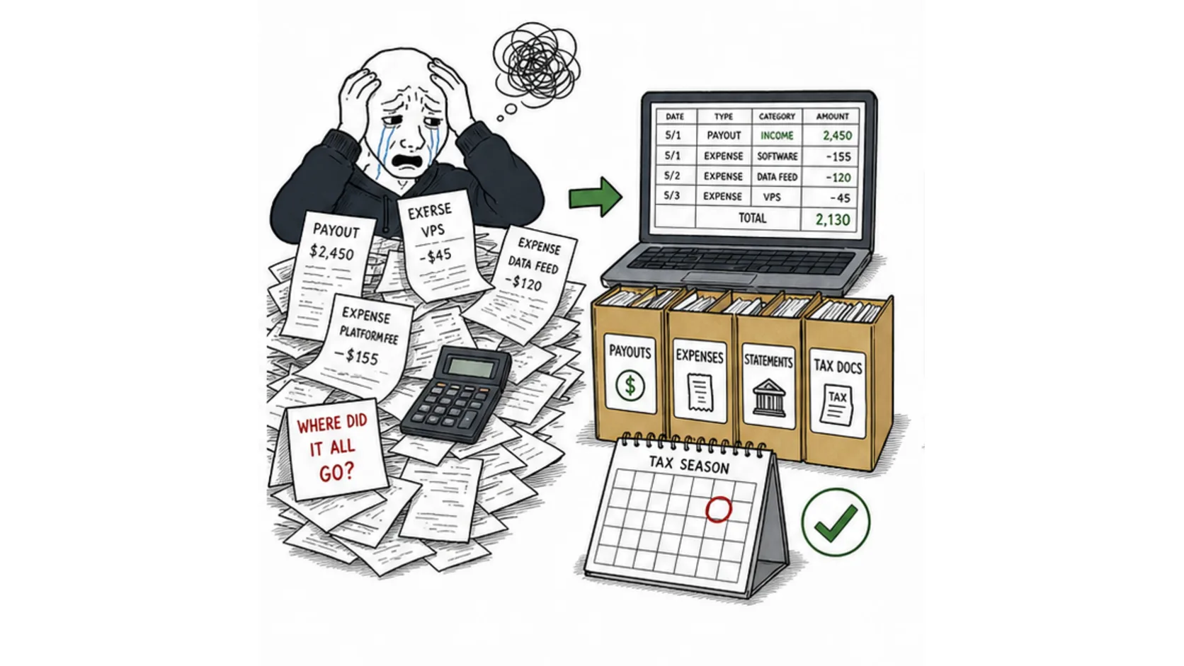 Why you need record keeping for prop firm taxes meme showing payout slips expense receipts spreadsheets and tax folders