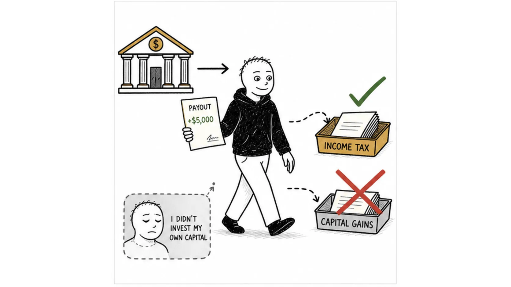 Income, Not Capital Gains meme explaining prop firm tax treatment