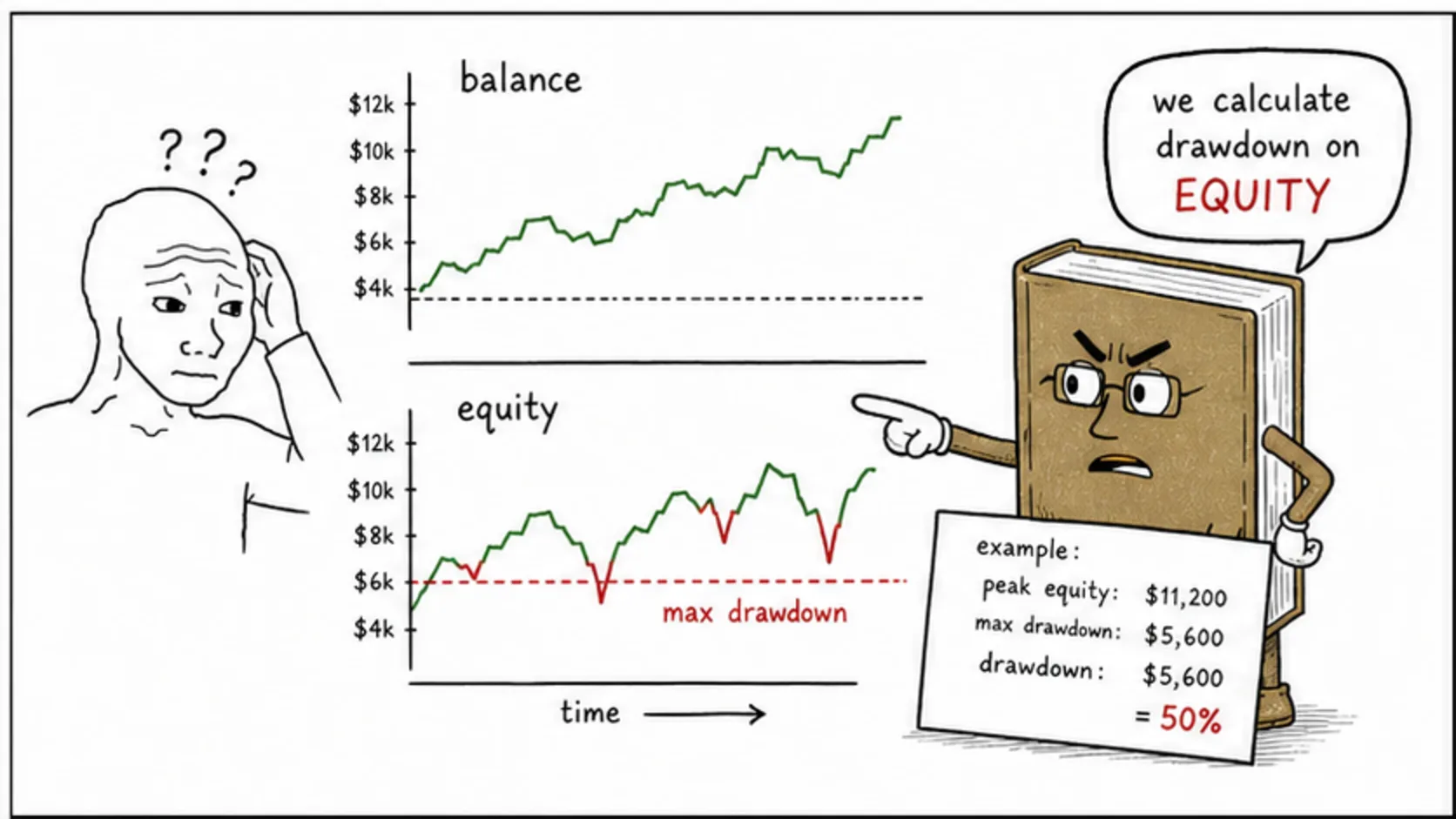 Drawdown: How Is It Calculated? meme explaining prop firm legitimacy checks, terms, reviews, and payout proof