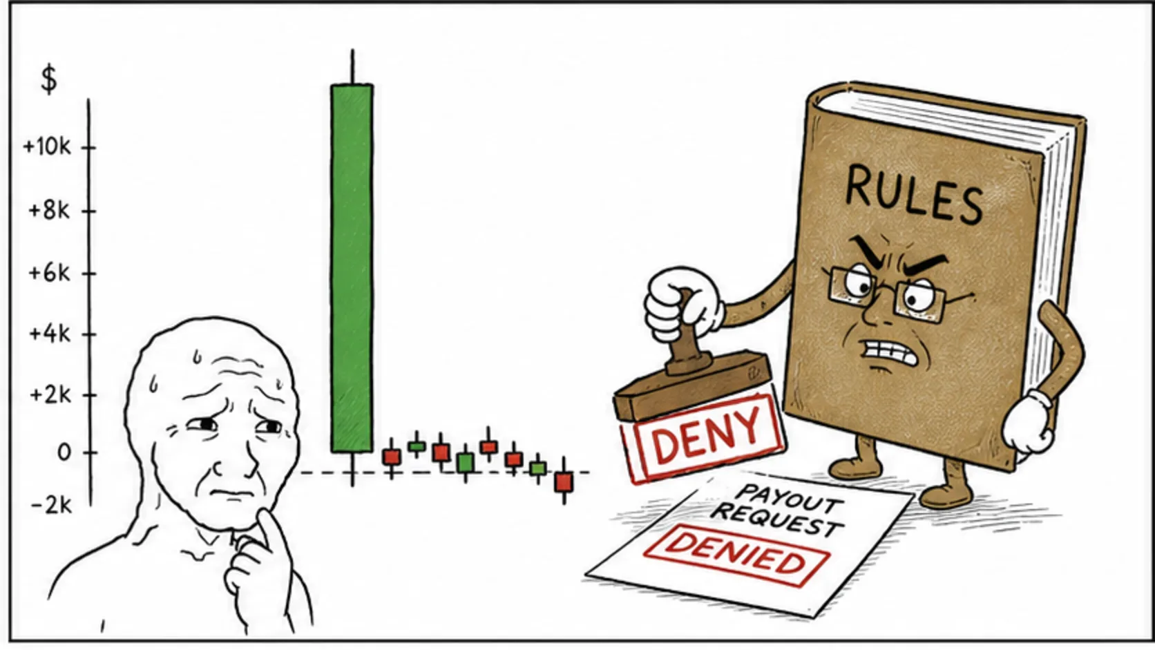 Reason 1: Consistency Rule Violations meme explaining prop firm legality, payouts, and red flags