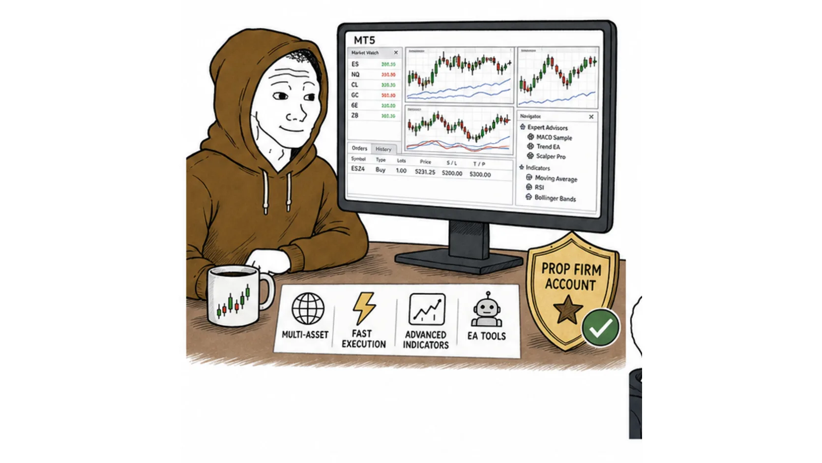Why traders want MT5 for prop firm trading meme showing multi asset charts indicators and EA tools