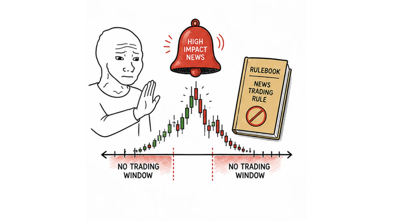What the prop firm news trading rule means meme showing a no trade window around high impact news