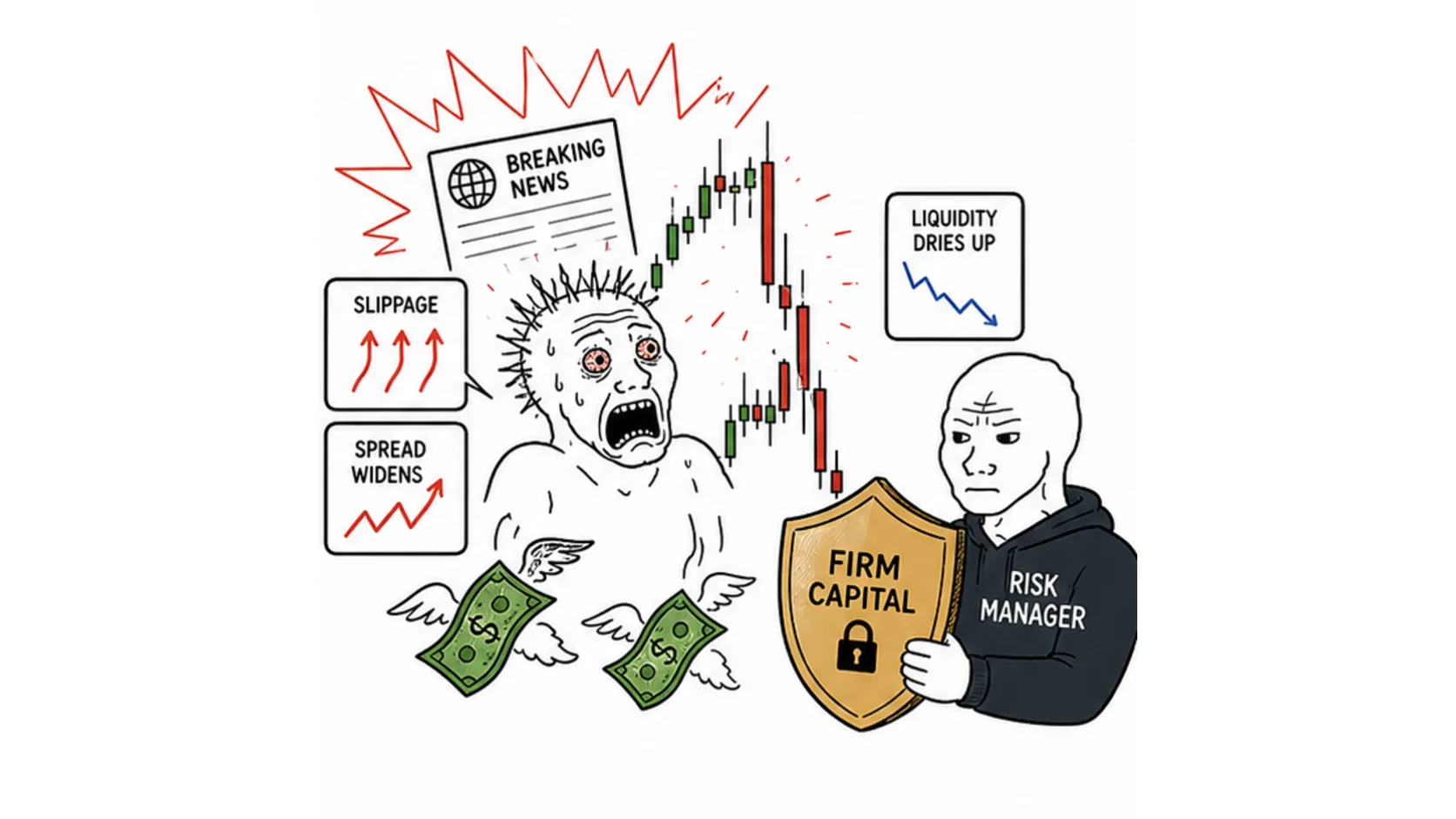 Why prop firms restrict news trading meme showing slippage spread widening and risk control during volatile news