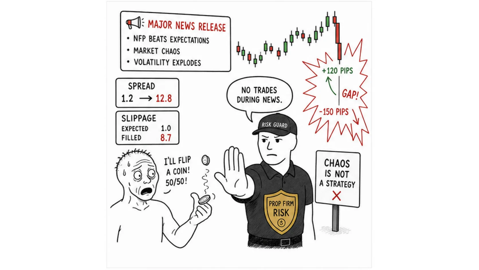 Why Prop Firms Restrict News Trading meme explaining prop firm news trading rules