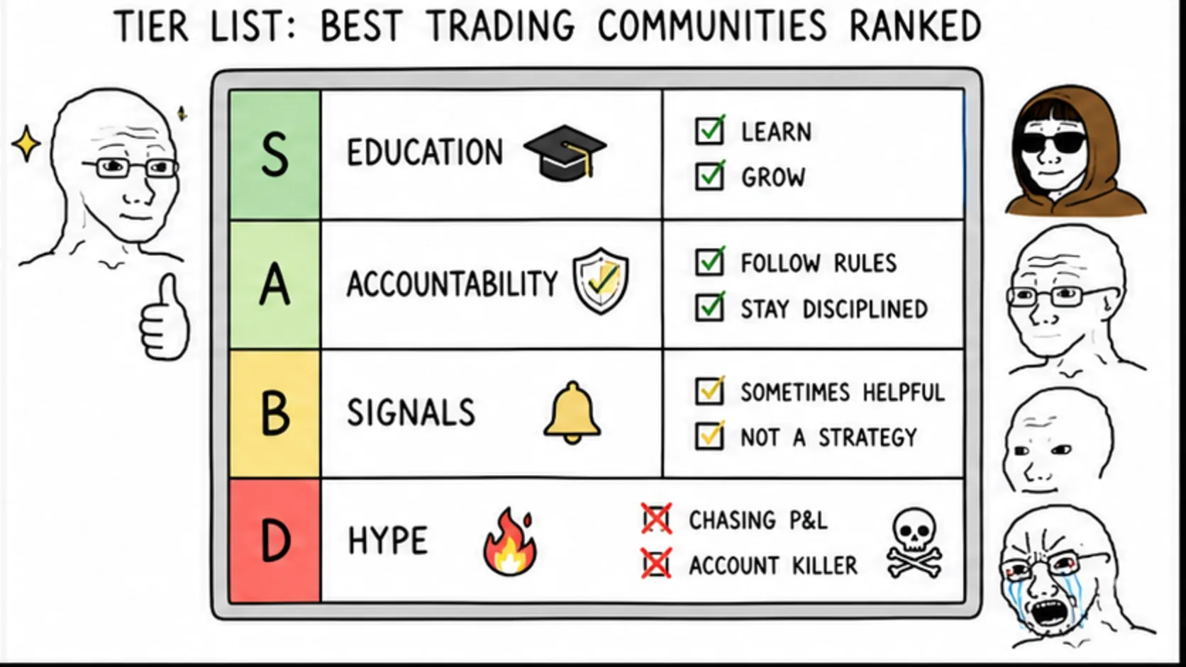 The Tier List: Best Trading Communities Ranked meme showing trading community quality and red flags