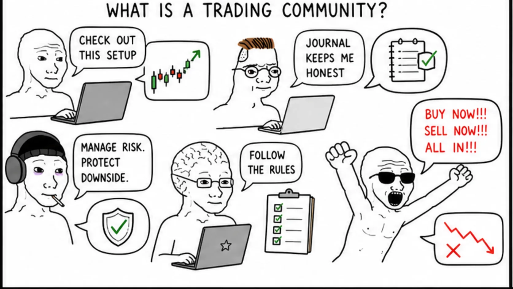What Is a Trading Community? meme showing trading community quality and red flags